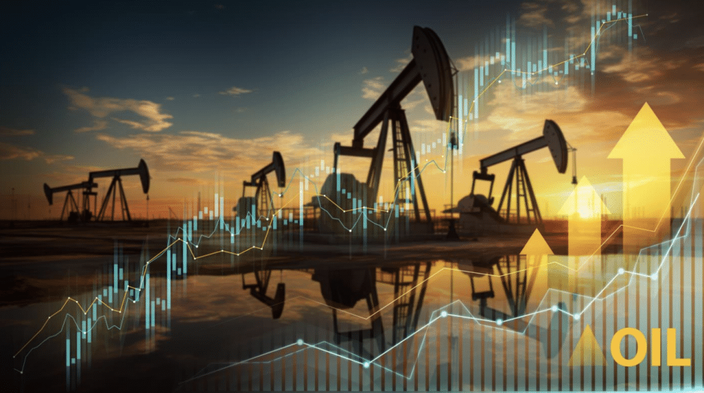 image of an oil rig with an overlay of a stock market bar chart graphic and arrows pointing up